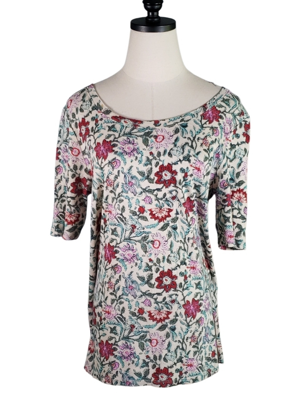 J Jill Floral Scoop Neck Pima Cotton M Elbow Sleeve Top Boho Cottage Top Pima